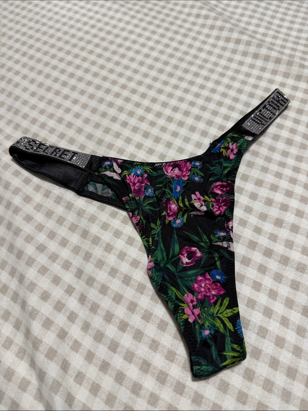 Victoria's Secret Black Floral Thong with Logo Waistband